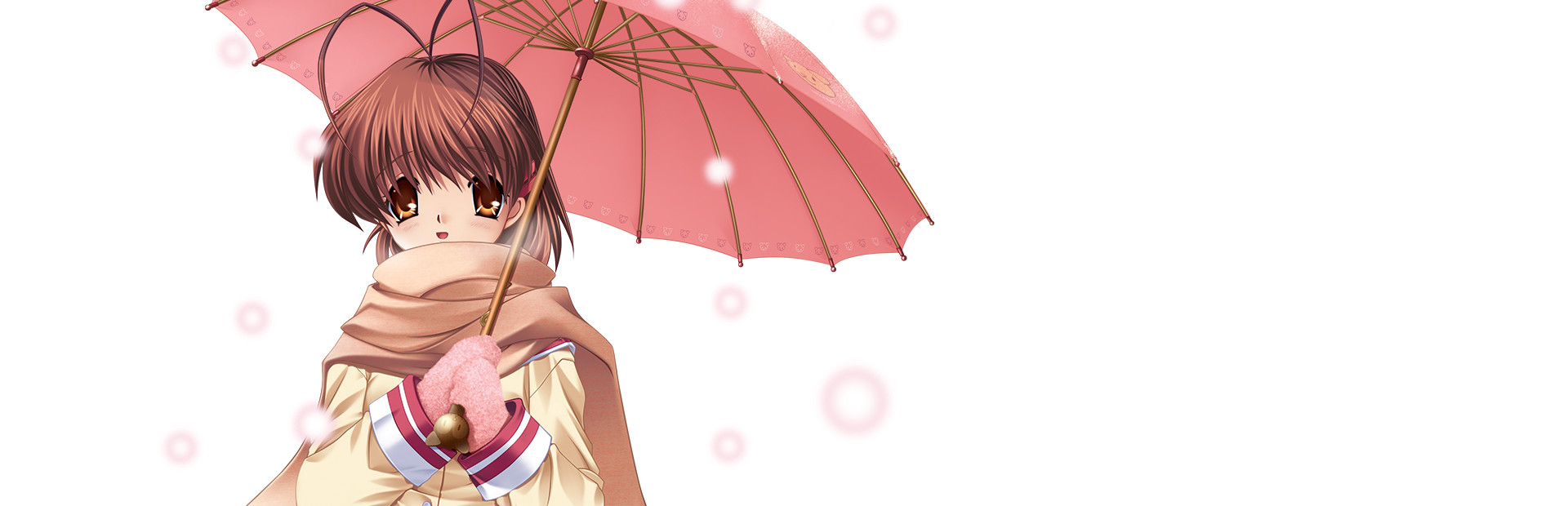 Official CLANNAD library artwork featuring Nagisa Furukawa beneath a pink umbrella